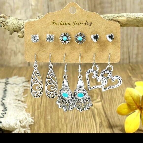 Bohemian turquoise heart snowflake earring bundle set - Picture 1 of 3